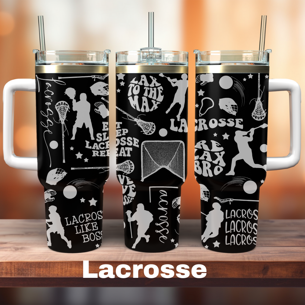 3 black 40 oz tumblers showing the full lacrose design
