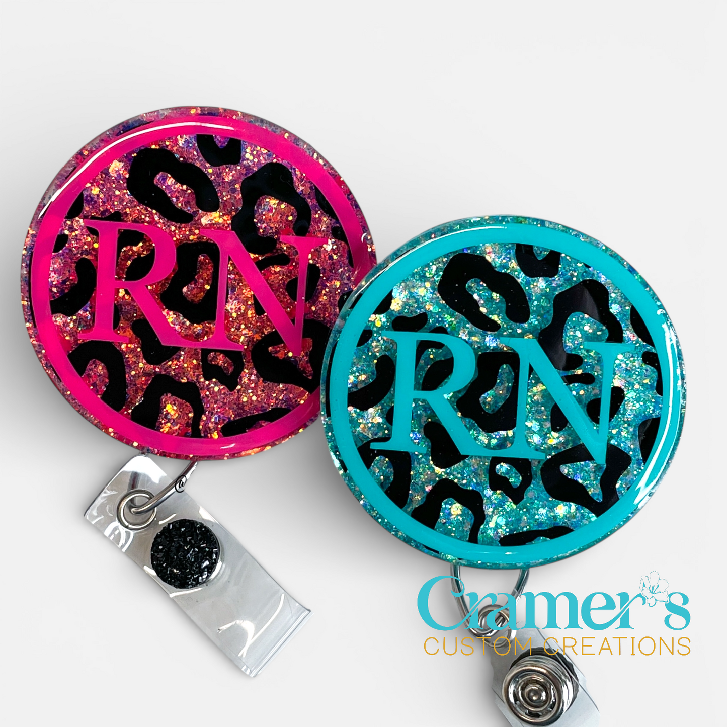pink and teal leopard print RN circle badge reel