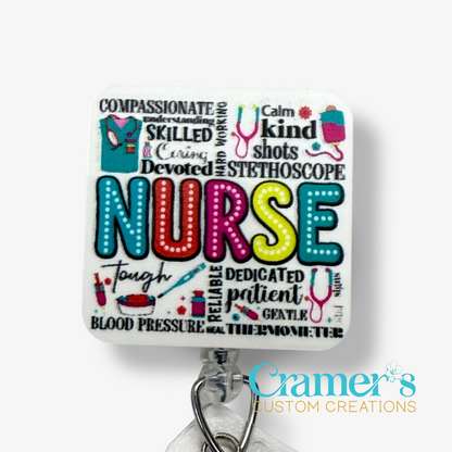 Colorful badge topper with nurse-themed text and icons on a white background