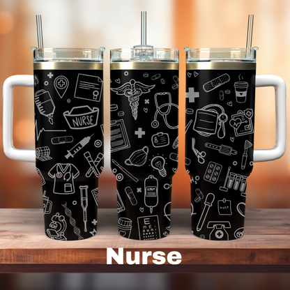 Three 40 oz tumblers with a laser engraved design, featuring various nurse-themed icons and the word 'NURSE' on each. The tumblers are displayed on a wooden surface with a blurred background.