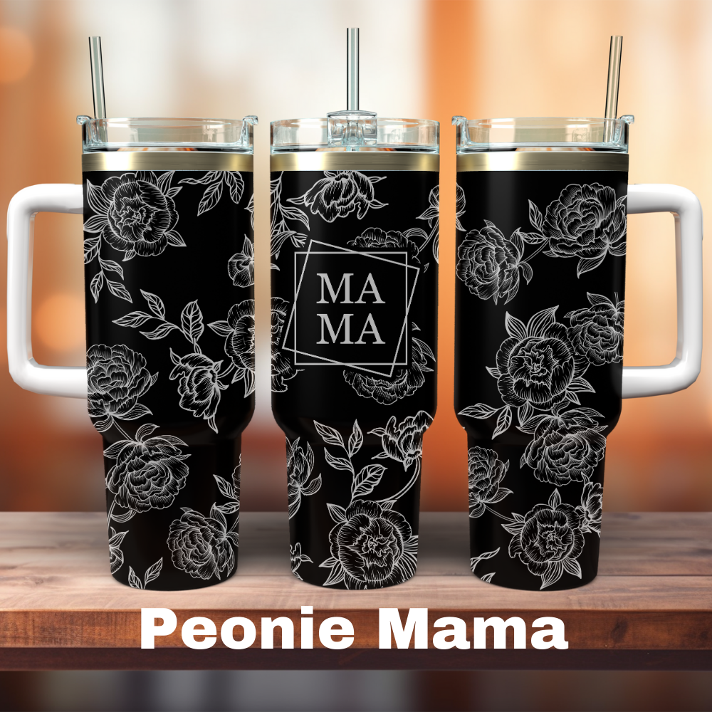 Three 40 oz black tumblers with white handles, each adorned with a floral peony design and the word 'Mama' laser engraved on the front.
