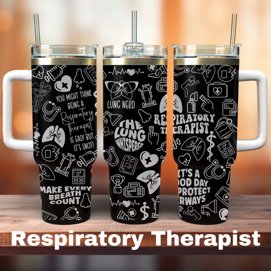 three 40oz black tumblers with respiratory clip art all around it