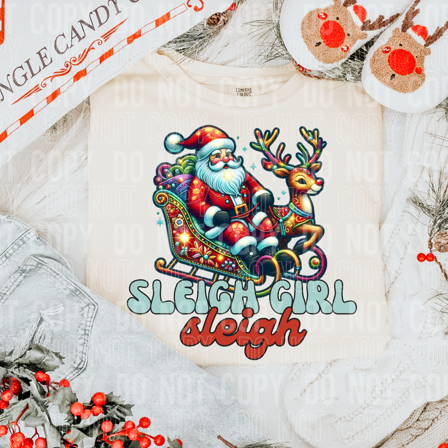 a shirt with santa in a sleigh with a reindeer and the words sleigh girl sleigh