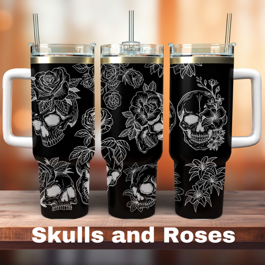 Three black 40 oz tumblers with laser engraved designs of skulls and roses, each featuring a different handle design.