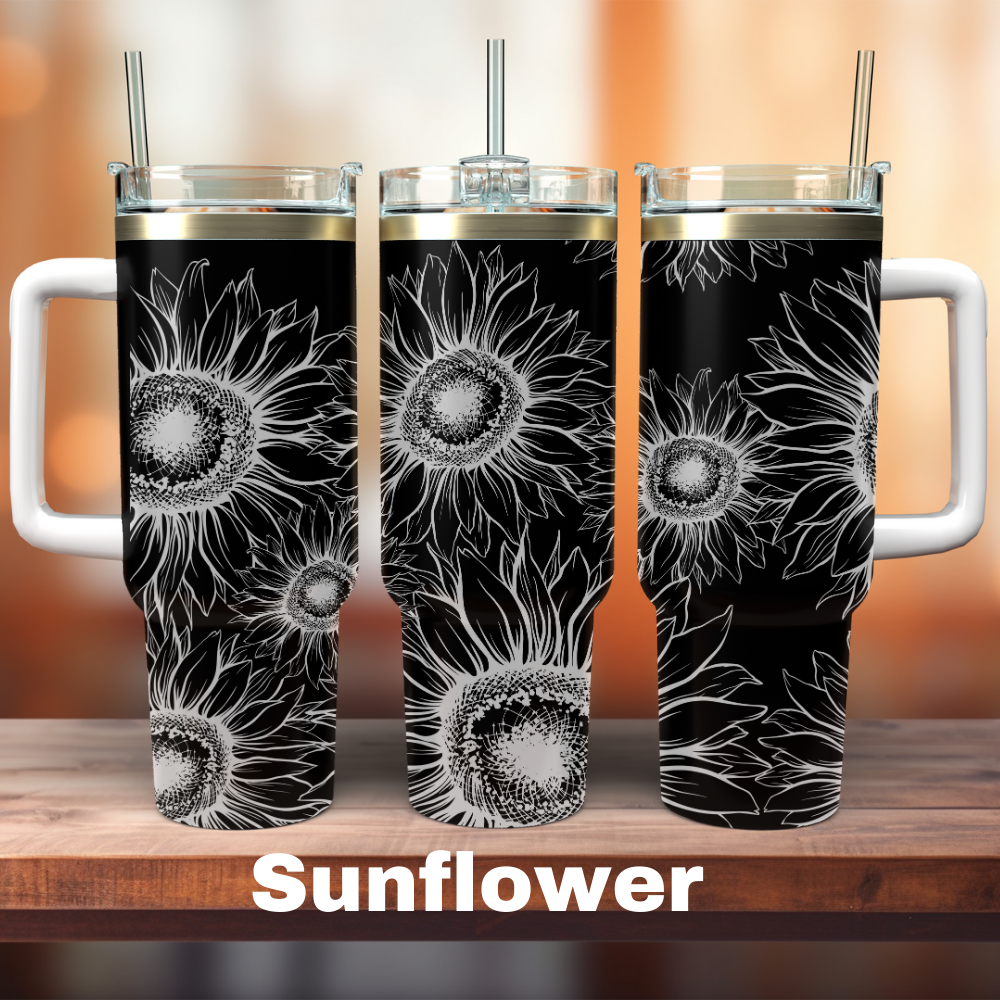 three 40 oz black tumblers with a full sunflower design on the whole thing