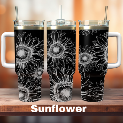 three 40 oz black tumblers with a full sunflower design on the whole thing