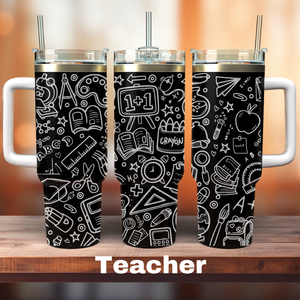 three 40oz black tumblers with teacher clip art all around it