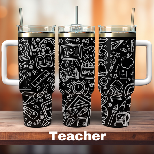 three 40oz black tumblers with teacher clip art all around it
