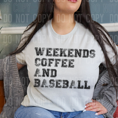 girl wearing a tshirt that says weekends coffee and baseball stacked in a athletic style font