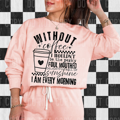 Person wearing a pink sweatshirt with a coffee-themed quote on a checkered background