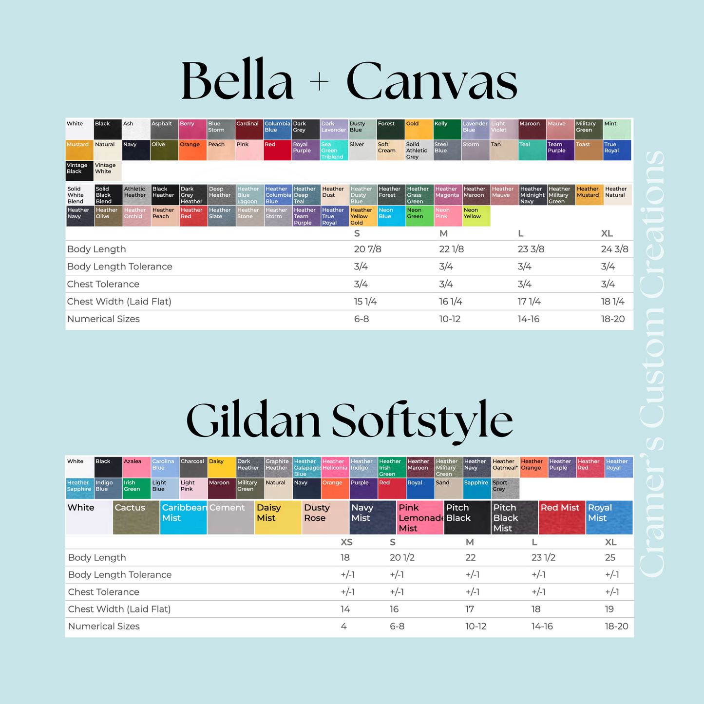 Charts of size measurements, and color options
