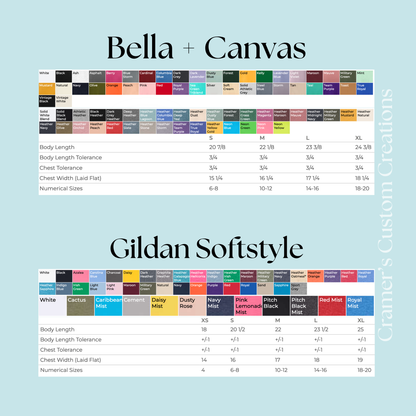 Charts of size measurements, and color options