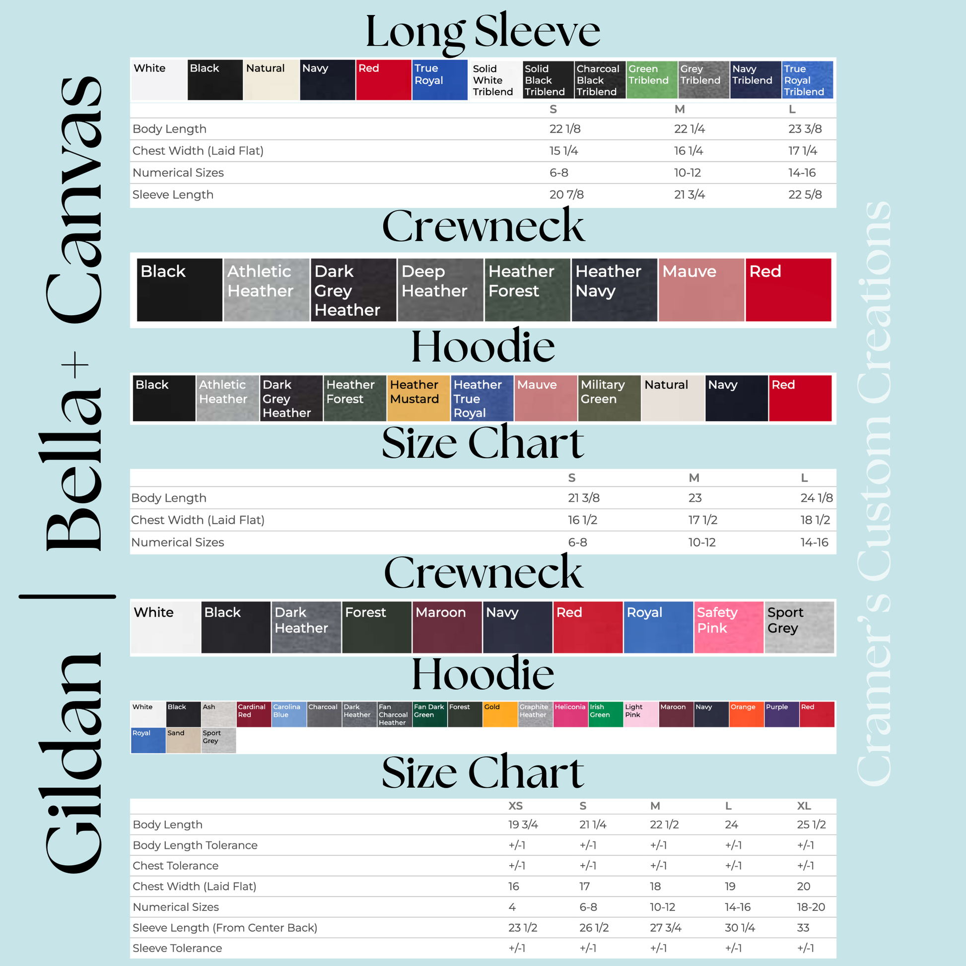 Charts with size measurements and colors for long sleeve tees, crewnecks, and hoodies.
