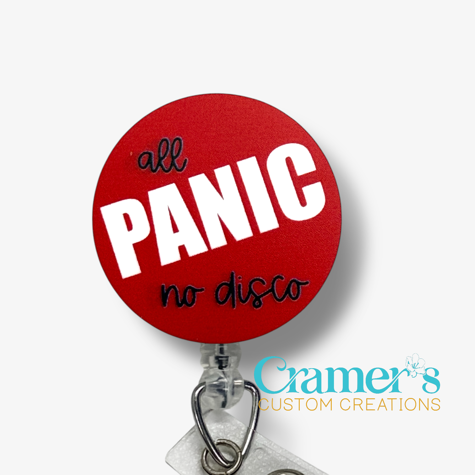 Red circular badge topper with 'all PANIC no disco' text on a white background, featuring Cramer's Custom Creations logo.