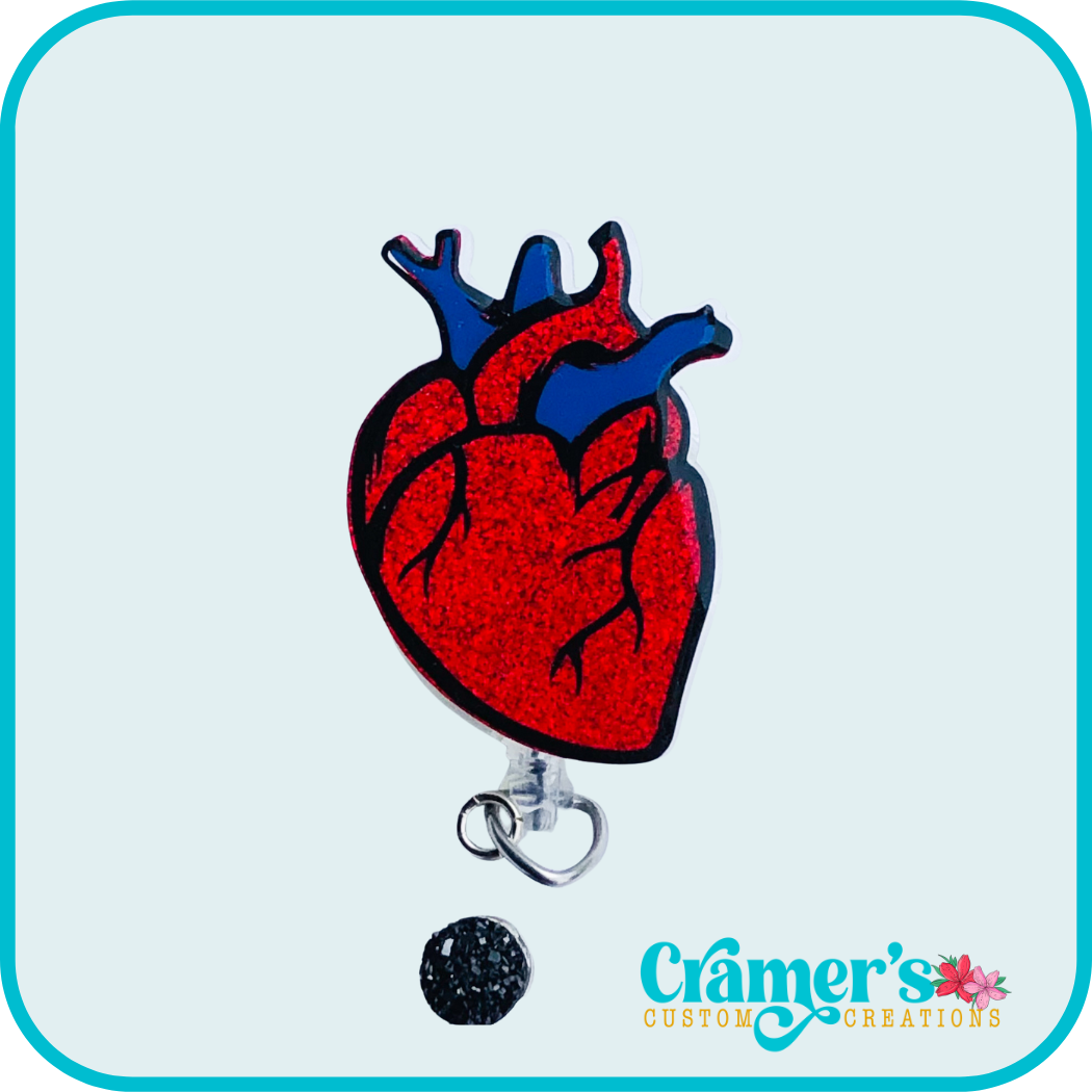 a glittery heart badge reel