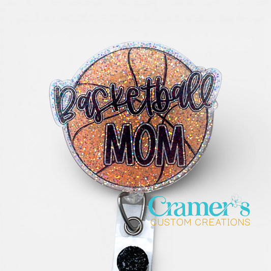 glitter badge reel with a basketball and basketball mom