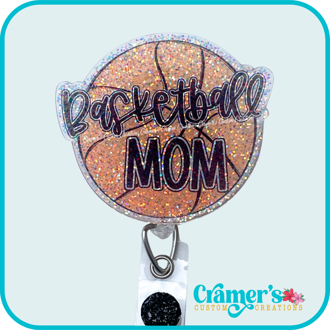 glitter badge reel with a basketball and basketball mom