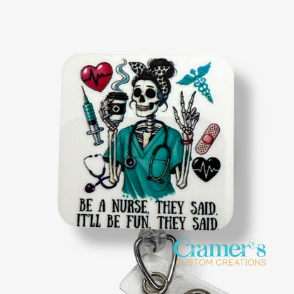 Skeletal figure in a nurse's outfit with medical-themed accessories and text on a white background.