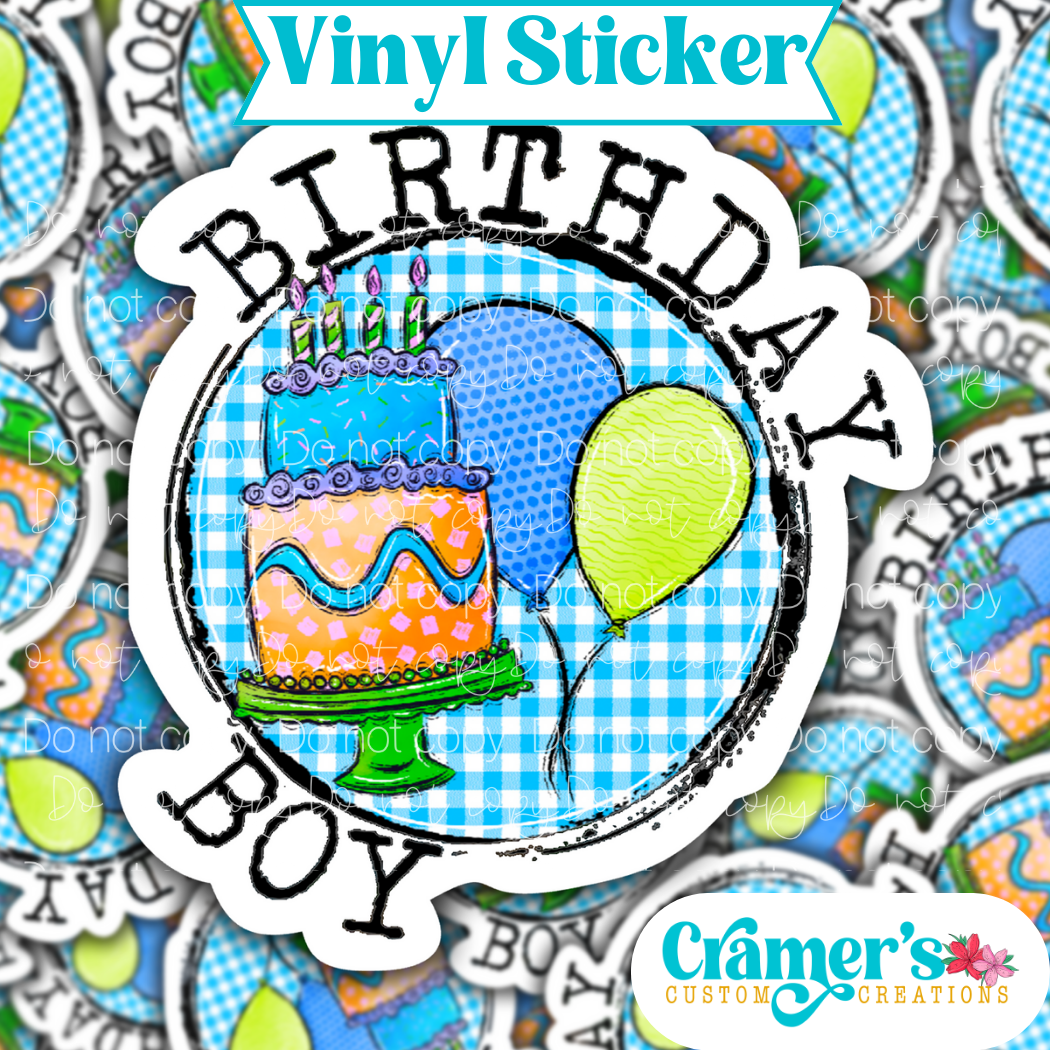 Sticker laying flat that says birthday boy with balloons and a cake on a background of the same sticker stacked up