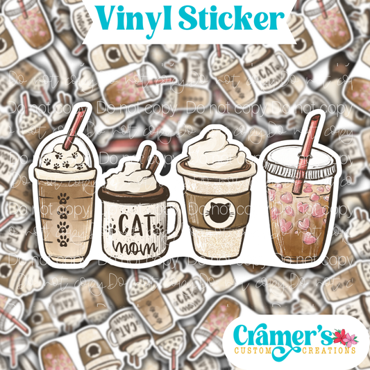 Sticker laying flat that says cat mom with several types of coffee on a background of the same sticker stacked up