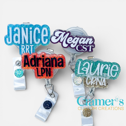 mulitple badge reels with individual names and credentials
