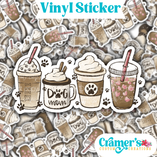 A collection of vinyl stickers with coffee-themed designs and the text 'Dog Mom'.