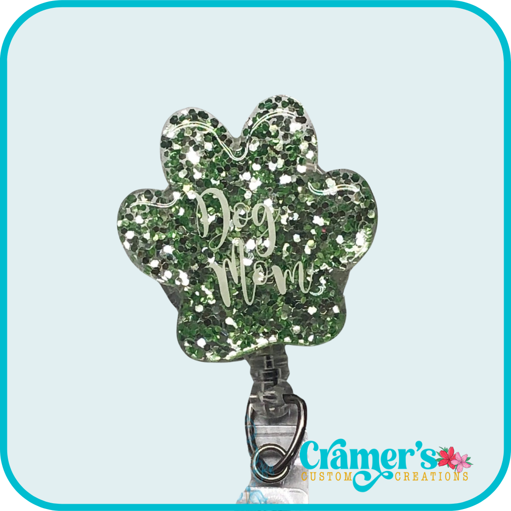 light green glitter paw print with dog mom on it