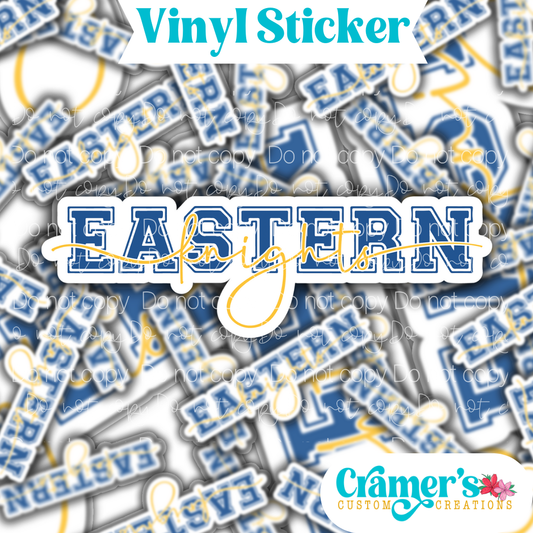 Sticker laying flat that says eastern knights on a background of the same sticker stacked up