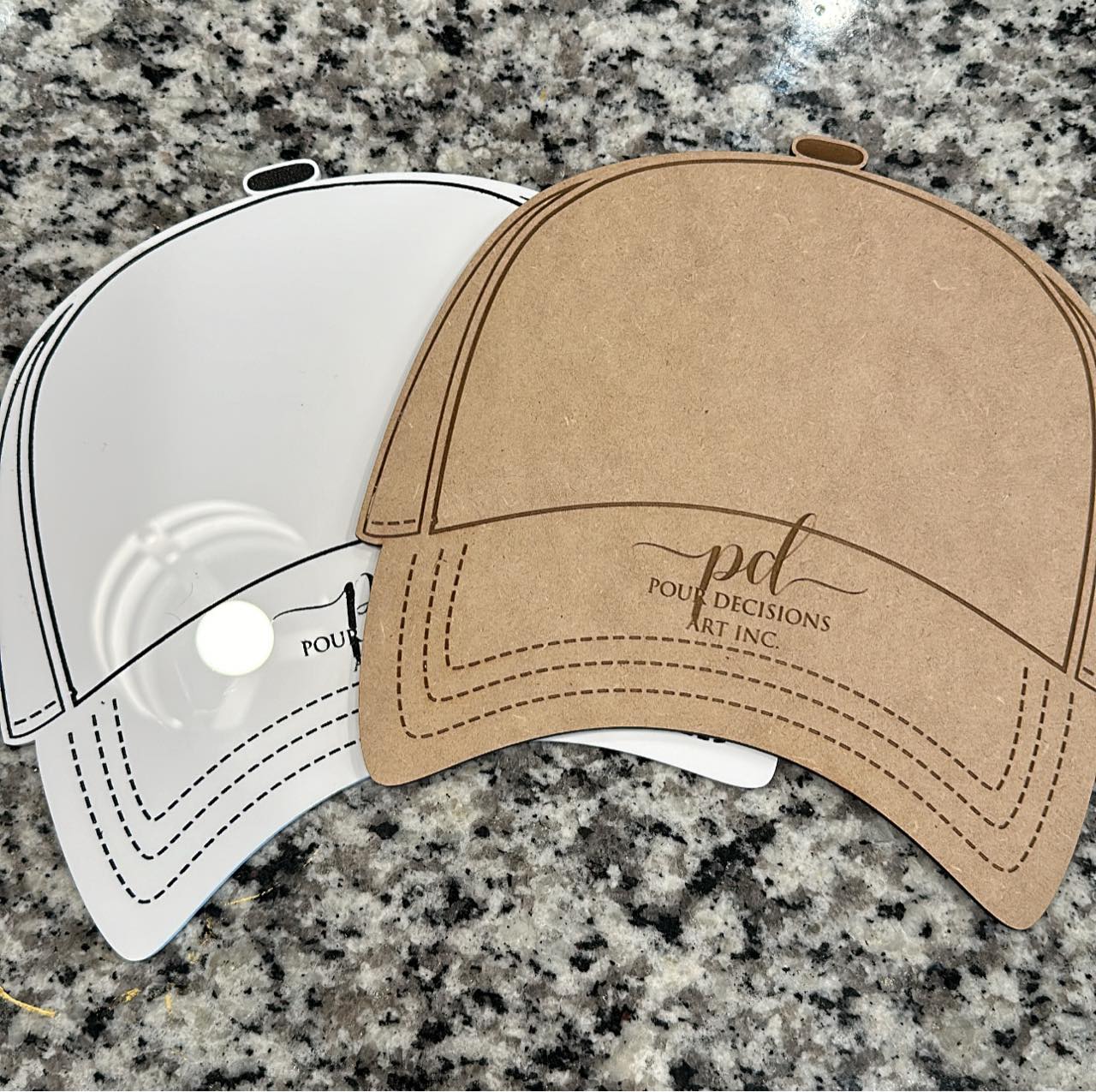 Two hat bar templates, one with a white background and one with a brown background, bearing a logo and designed for pressing hat patches onto hats.