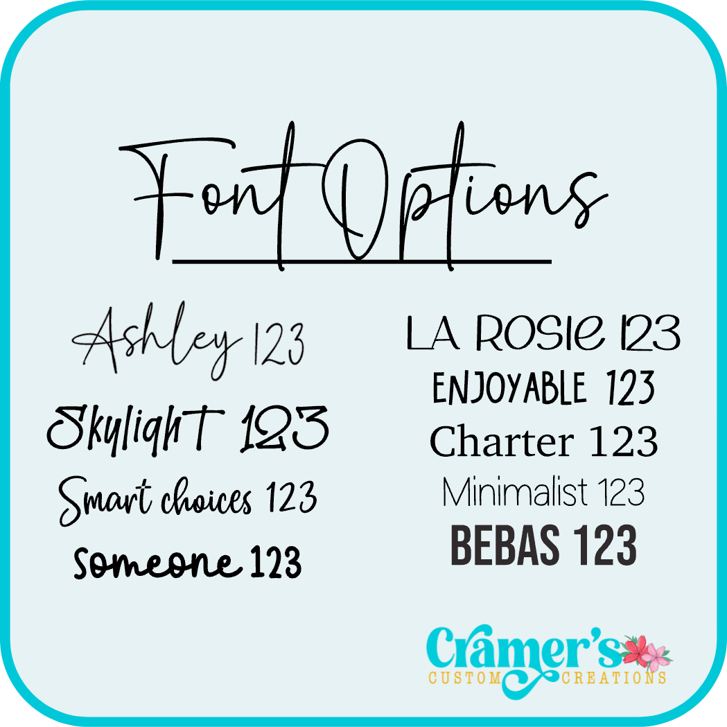 A display of font options available for customizing jewelry with names or initials, each font name is listed with a number 123 beside it, indicating the style or type of font.