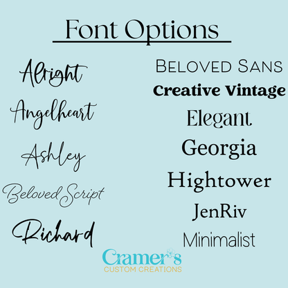 A display of font options available for customizing jewelry with names or initials, each font name is listed with a number 123 beside it, indicating the style or type of font.