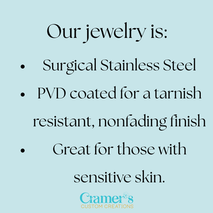 Text on a light blue background describing jewelry material and benefits