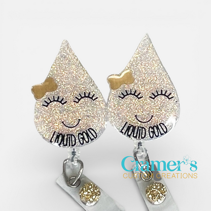 liquid gold badge reel on a white background