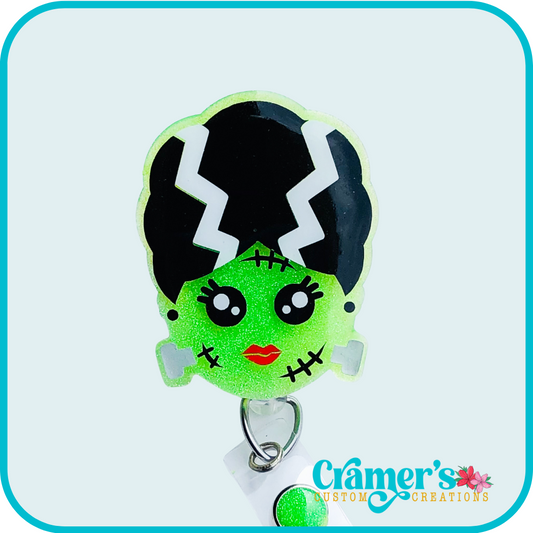 badge reel of the bride of frankenstein with lime green glitter