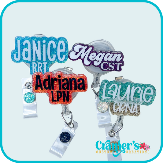 mulitple badge reels with individual names and credentials