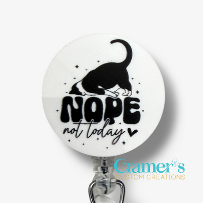 Circular badge topper with black cat illustration and 'Nope not today' text on a white background, featuring Cramer's Custom Creations logo.