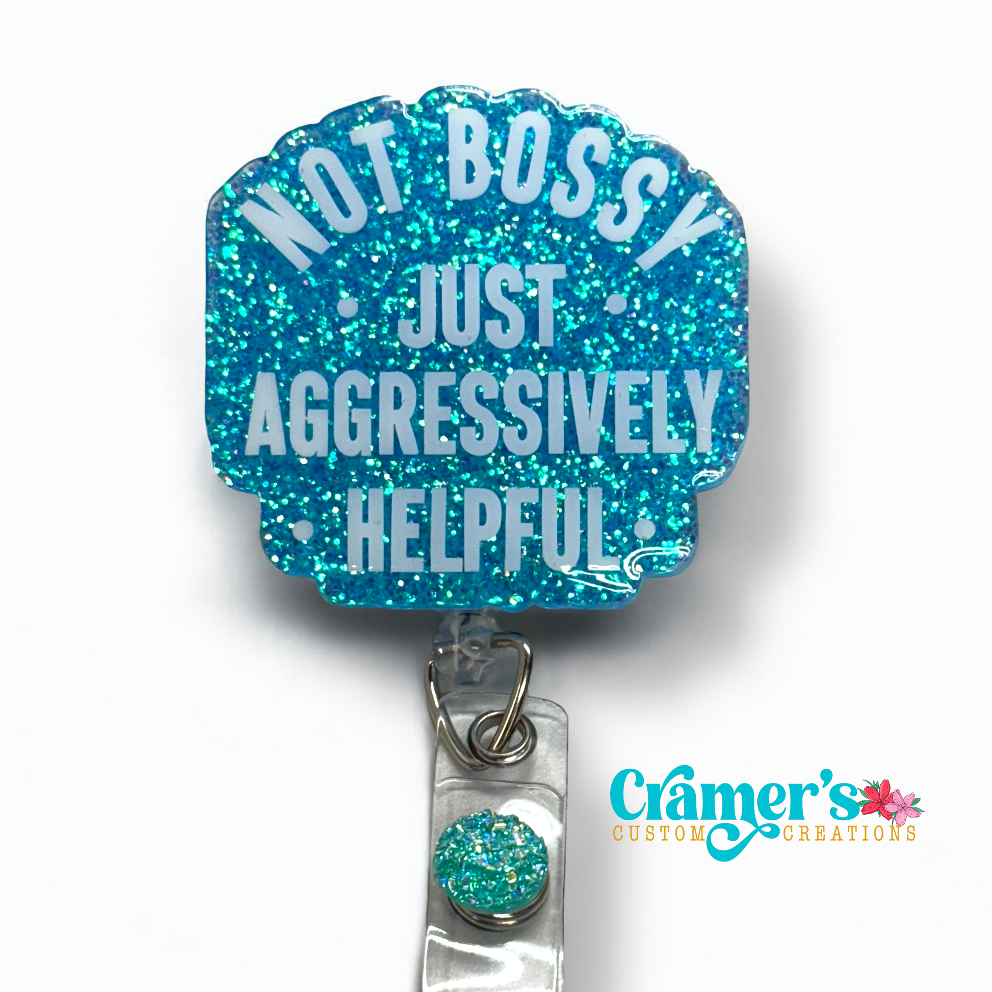 badge reel showing a blue glitter background with not bossy just aggressively helpful in white
