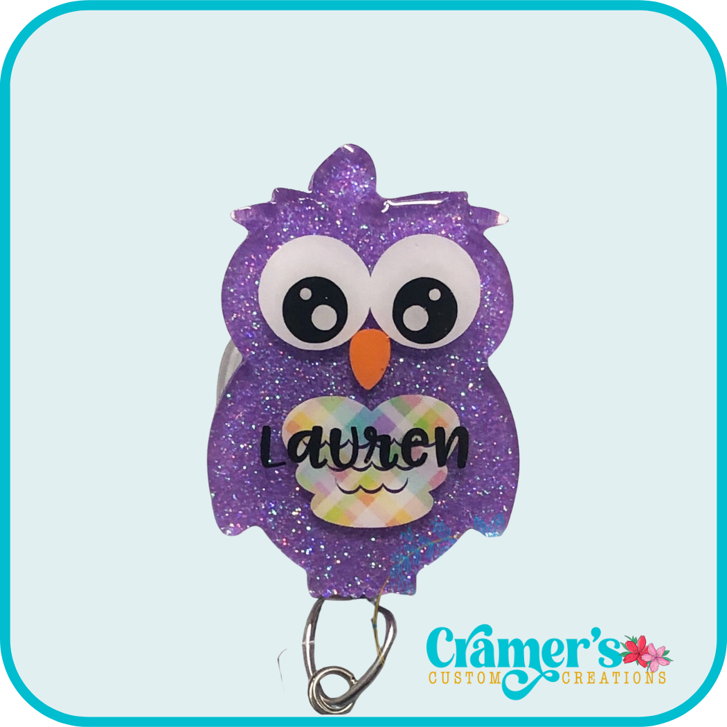 purple owl with plaid chest with the name lauren