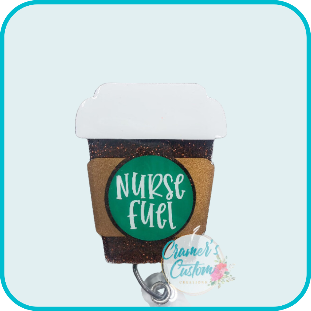 to go coffee cup with brown glitter and the word nurse fuel on the label