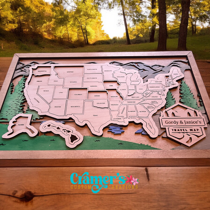photo of a completed usa map sitting on a brown table
