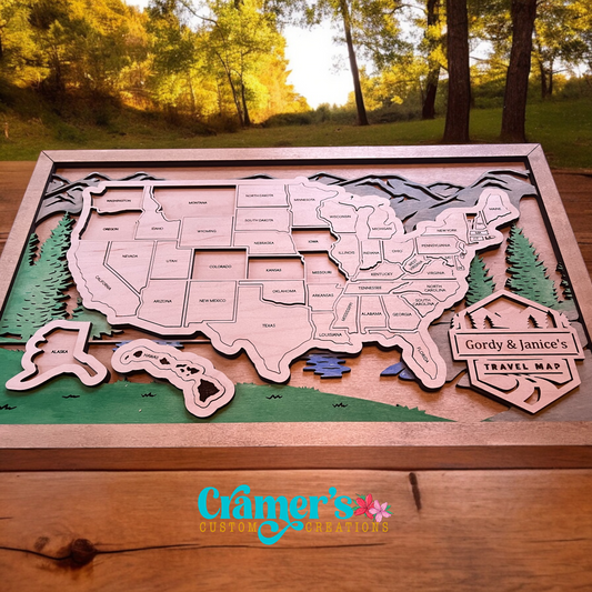 photo of a completed usa map sitting on a brown table