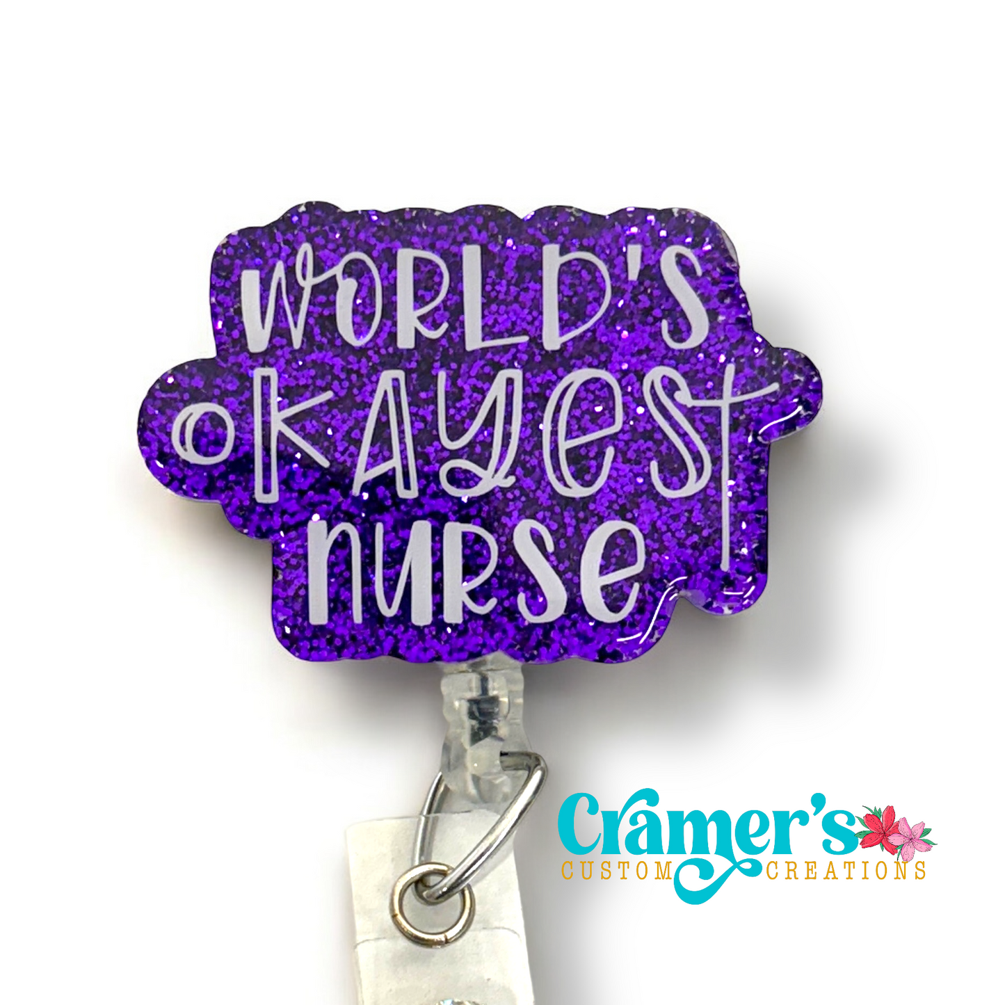 badge reel showing a purple glitter background with world's okayest nurse in white
