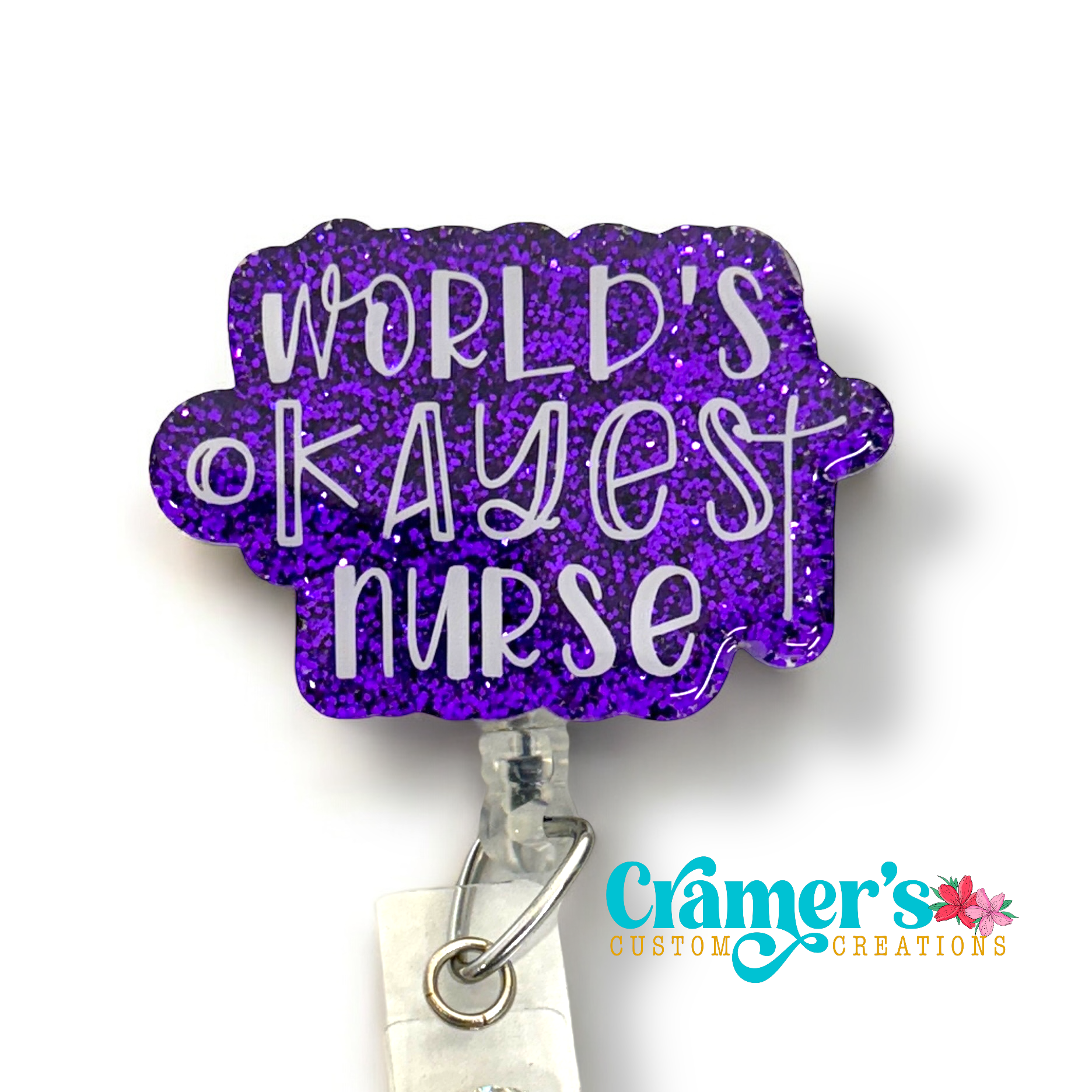 badge reel showing a purple glitter background with world's okayest nurse in white