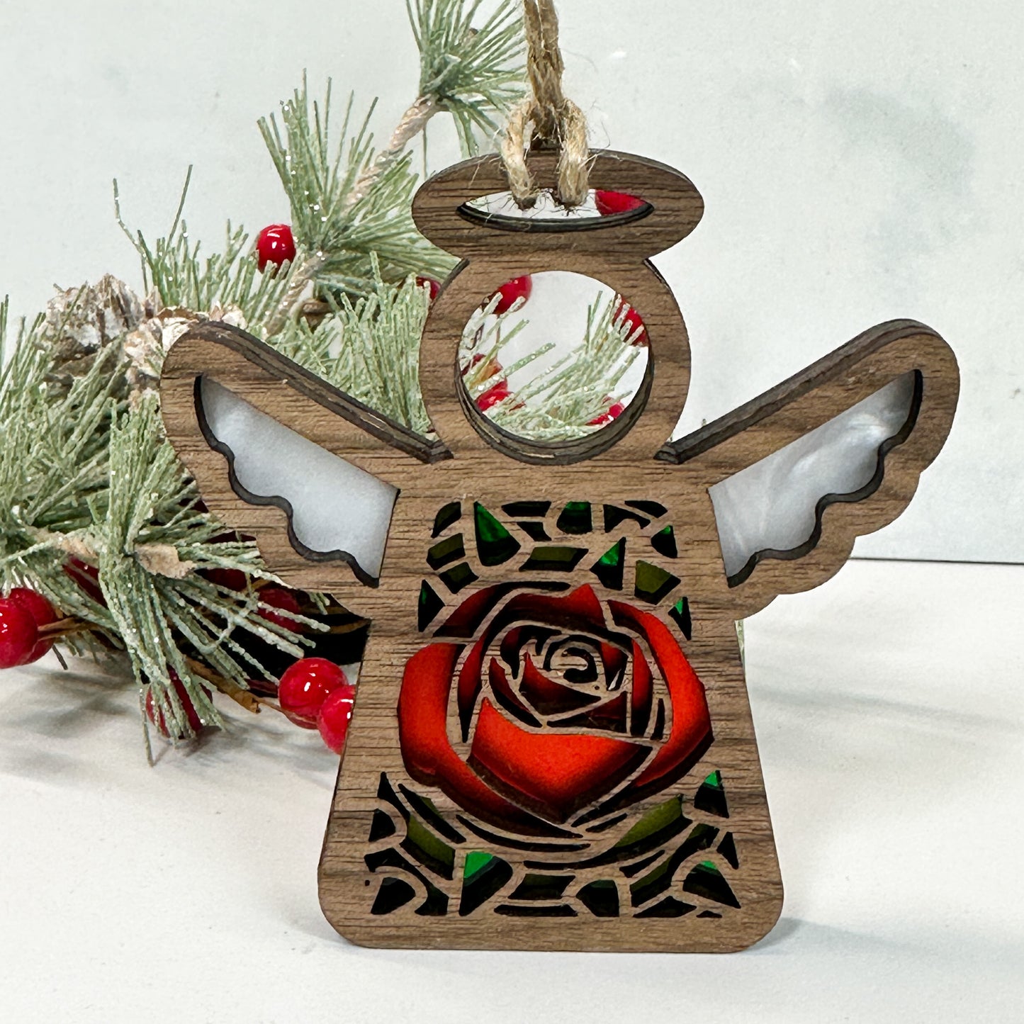 Rose Stained Glass Angel Ornament