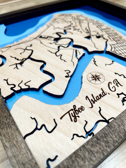 One view of a wood bathymetric map showing water ways of tybee, painted with to show depth