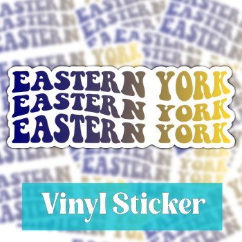 A collection of 'Eastern York' vinyl stickers with a wave pattern design, indicating the product is for school spirit enhancement.