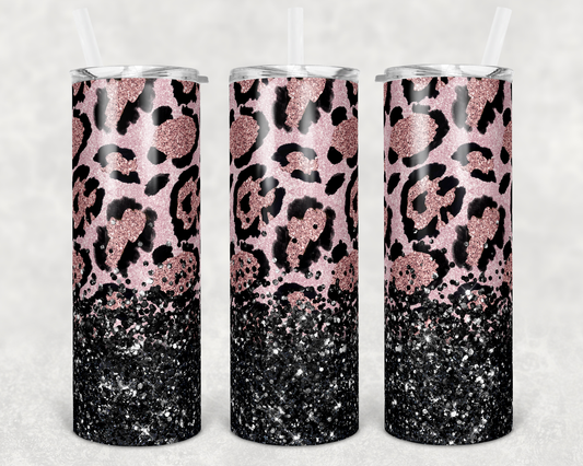 Pink and Black Leopard Faux Glitter Tumbler