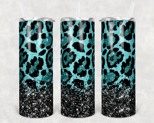 Teal and Black Leopard Faux Glitter Tumbler